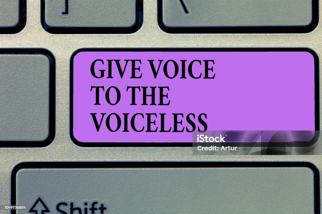 Writing note showing Give Voice To The Voiceless. Business photo showcasing Speak out on Behalf Defend the Vulnerable Writing note showing Give Voice To The Voiceless. Business photo showcasing Speak out on Behalf Defend the Vulnerable. Adversity Stock Photo