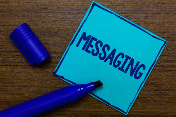 istock Writing note showing Messaging. Business photo showcasing Communication with others through messages Texting Chatting Blue Paper Important reminder Communicate ideas Wooden background. 1049736934