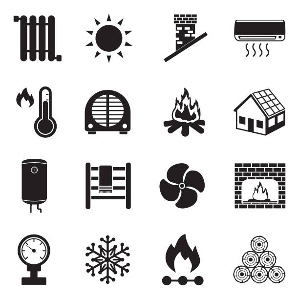 ilustraciones, imágenes clip art, dibujos animados e iconos de stock de iconos de la calefacción. diseño plano negro. ilustración de vector. - radiator