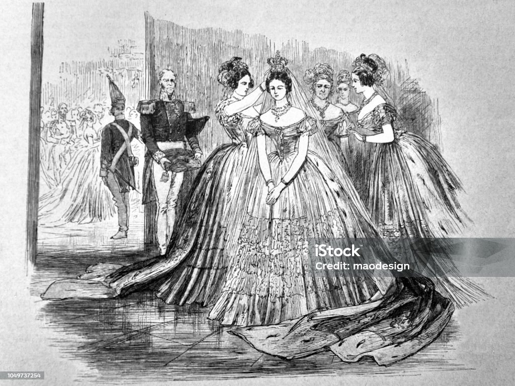 Bride is being prepared for the wedding - 1888 Bridesmaid stock illustration