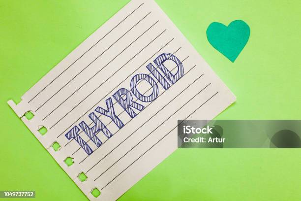 Word Writing Text Thyroid Business Concept For Gland In Neck Secretes Hormones Regulating Growth And Development Notebook Piece Paper Reminder Heart Romantic Messages Green Background Stock Photo - Download Image Now