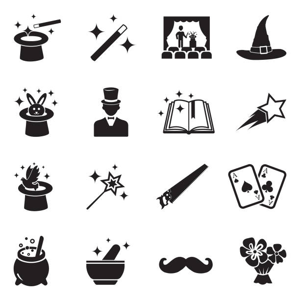 Magic Icons. Black Flat Design. Vector Illustration. Wizard, Wand, Magic, Festival magic trick stock illustrations