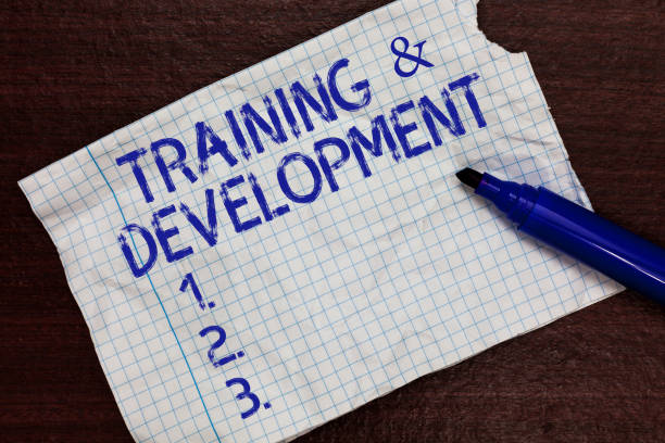 istock Writing note showing TrainingandDevelopment. Business photo showcasing Organize Additional Learning expedite Skills Squared notebook paper Markers Communicating ideas Expressing feelings. 1049738602