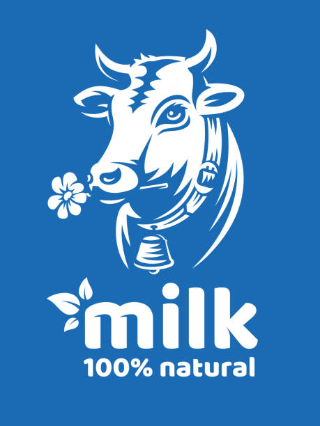 ilustraciones, imágenes clip art, dibujos animados e iconos de stock de emblema de ilustración - cabeza de una vaca con cuernos con una campana - vaca leche natural, diseño - animal head cow animal bell