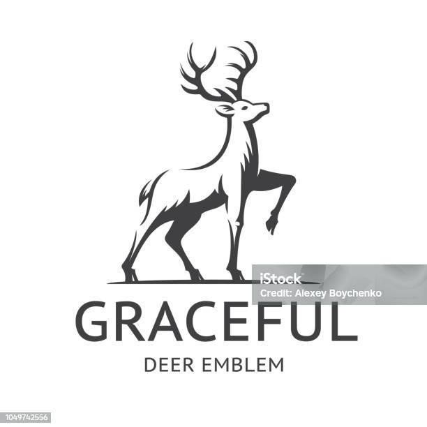 Graceful Deer Emblem Illustration Stag Gracefully Lifted His Leg And Proudly Looks Up On A With Background Stock Illustration - Download Image Now