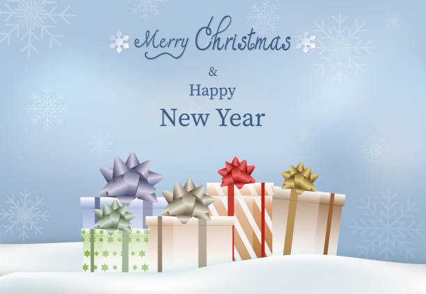 istock Merry Christmas, Happy New Year text  with gift boxes illustration 1049742664