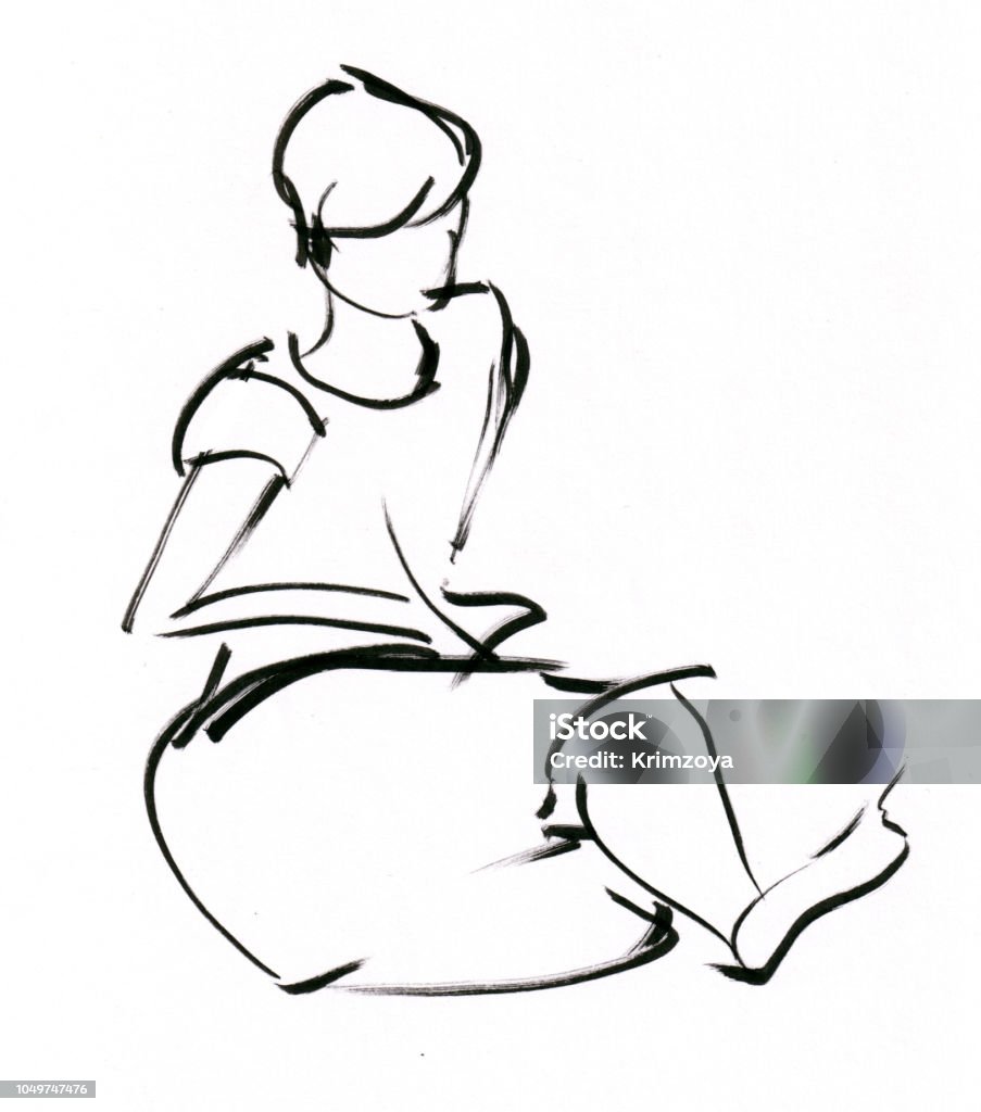 Instant sketch, people instant sketch, girl sitting on floor, black and white Adult stock illustration