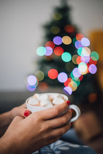 Top view of brown cups of hot cocoa with marshmallows in heart shape on white background. Romantic background with hot chocolate and orchid flower. Love concept for Valentine s Day or wedding.