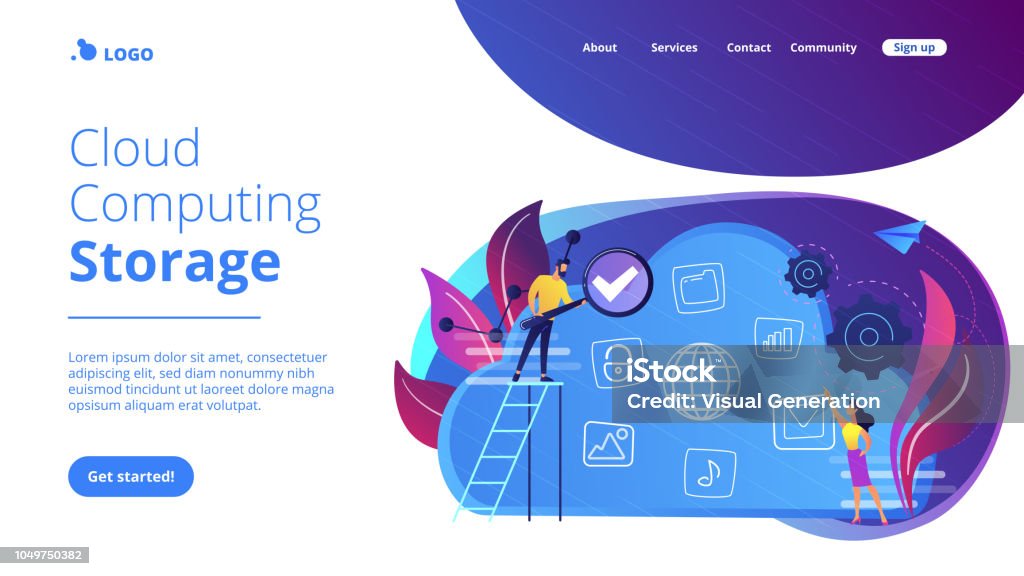 Isometry-15-artboard-template-1920x1080 Two users searchig for big data in the cloud. Computing storage technology, large database, data analysis, digital information concept, violet palette. Website landing web page template. Analyzing stock vector