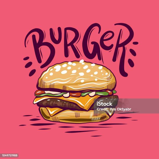 Burger Vector Illustration Isolato Sullo Sfondo - Immagini vettoriali stock e altre immagini di Hamburger - Hamburger, Hamburger di manzo, Illustrazione