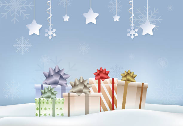 istock Merry Christmas, Happy New Year text with gift boxes and christmas decoration illustration 1049753468