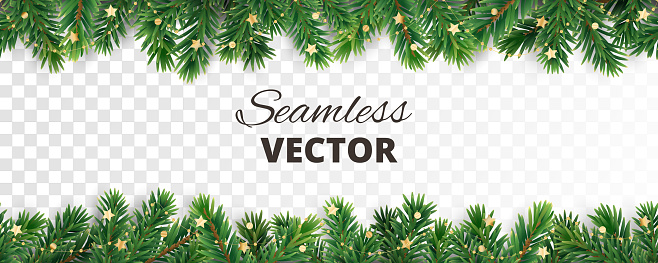 Seamless vector decoration isolated on white. Christmas illustration, winter holiday background. Gold New Year ornament, beads. Christmas tree frame, garland. Border for party banner, poster, header
