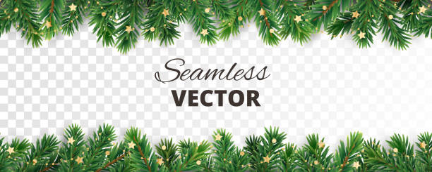 Seamless vector decoration isolated on white. Christmas tree frame, garland with ornaments Seamless vector decoration isolated on white. Christmas illustration, winter holiday background. Gold New Year ornament, beads. Christmas tree frame, garland. Border for party banner, poster, header floral garland stock illustrations