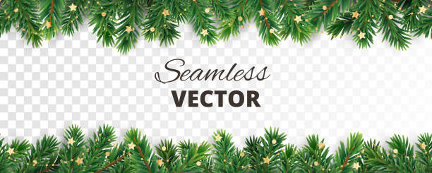 Seamless vector decoration isolated on white. Christmas tree frame, garland with ornaments Seamless vector decoration isolated on white. Christmas illustration, winter holiday background. Gold New Year ornament, beads. Christmas tree frame, garland. Border for party banner, poster, header evergreen garland stock illustrations
