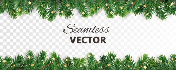 Seamless vector decoration isolated on white. Christmas tree frame, garland with ornaments Seamless vector decoration isolated on white. Christmas illustration, winter holiday background. Gold New Year ornament, beads. Christmas tree frame, garland. Border for party banner, poster, header holiday banners stock illustrations