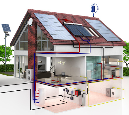 Low-energy house - cut out with solar installation - 3d visualization