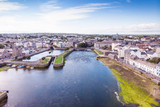 An aerial view of the River Corrib, the Claddagh Basin and the street known as The Long Walk in Galway, Ireland. An aerial view of the River Corrib, the Claddagh Basin and the street known as The Long Walk in Galway, Ireland. county galway stock pictures, royalty-free photos & images