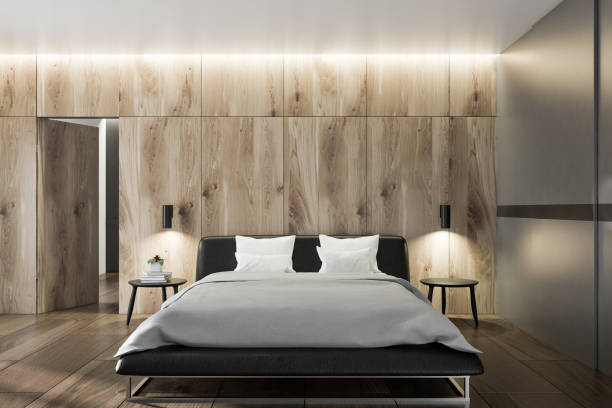 istock Bedroom interior with wooden walls 1049772014