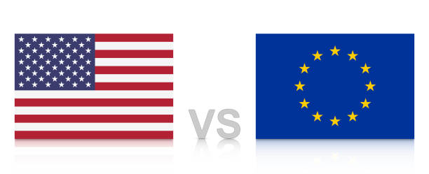 eu の対アメリカ。アメリカ合衆国との欧州連合に対して。反射の国旗。ベクトルの図。 - usa european union flag trading europe点のイラスト素材／クリップアート素材／マンガ素材／アイコン素材