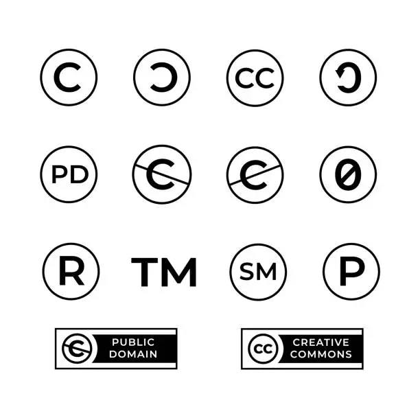 Vector illustration of Different copyright icons set with creative commons and public domain signs.