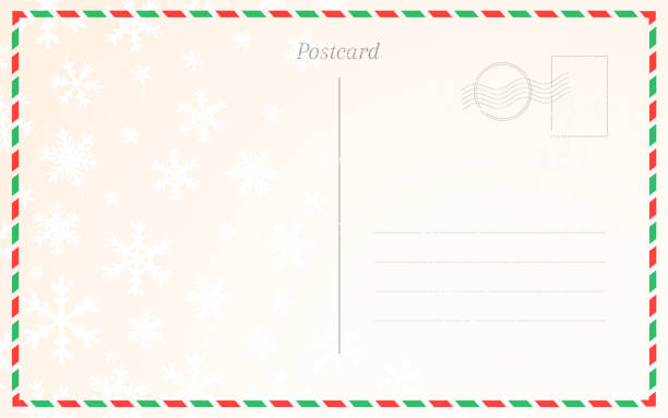 illustrazioni stock, clip art, cartoni animati e icone di tendenza di vecchio modello di carta postale con fiocchi di neve invernali. design posteriore da cartolina per gli auguri di natale e capodanno. - greeting card christmas envelope mail