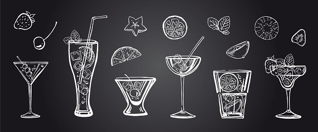 Vector outline hand drawn illustration with different cocktails, fruits and mint leaves on blackboard background