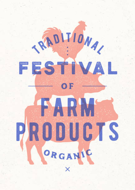 Poster for farm fest. Cow, pig, rooster stand on each other Poster for farm fest. Cow, pig, rooster stand on each other. Vintage label, retro print for butchery, meat shop with typography, animal silhouette. Group of farm animals for label. Vector Illustration pig silhouettes stock illustrations