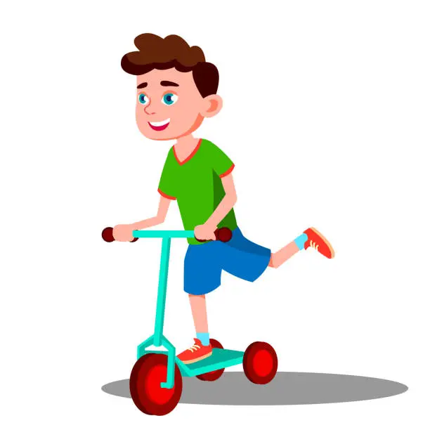 Vector illustration of Active Little Boy Is Riding A Scooter Vector. Isolated Illustration