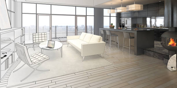 Elegance of a Loft (drawing) Elegance of a Loft (drawing) - 3d visualization wood laminate flooring photos stock pictures, royalty-free photos & images
