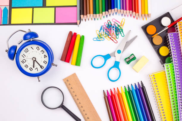 istock School and office equipment, stationery on the background 1049794548