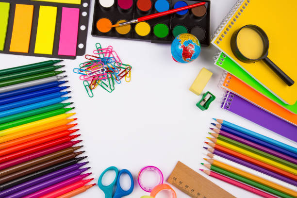istock School and office equipment, stationery on the background 1049795124
