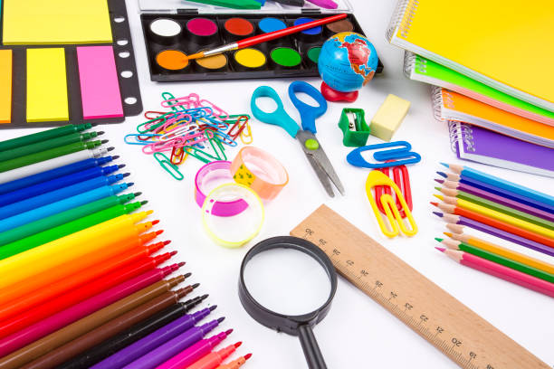 istock School and office equipment, stationery on the background 1049795214