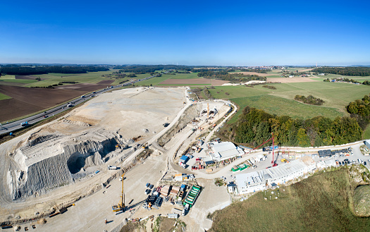 Large ICE highspeed railroad construction site - swabian alb, Germany. Panoramic aerial view