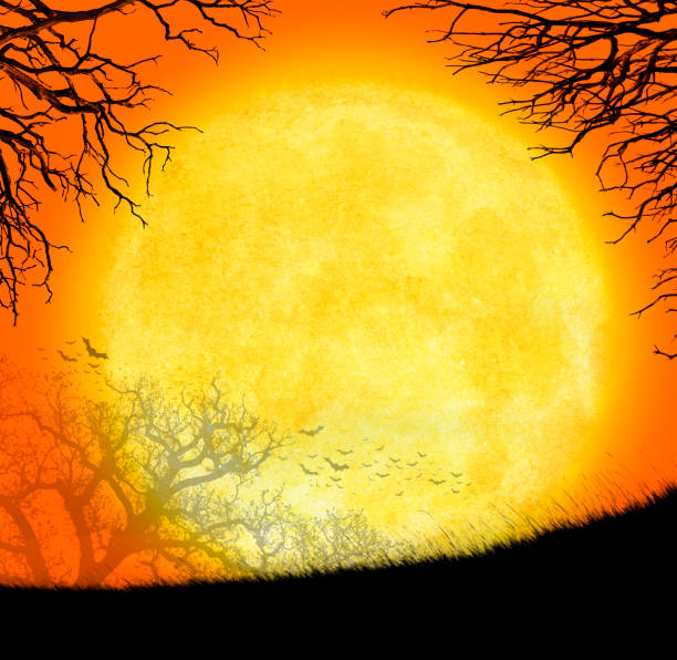 A large full moon rises over a small grassy hill as it is framed by the scraggily bare branches of two trees.  A colony of bats fly and a lone bare tree are silhouetted in the distance.