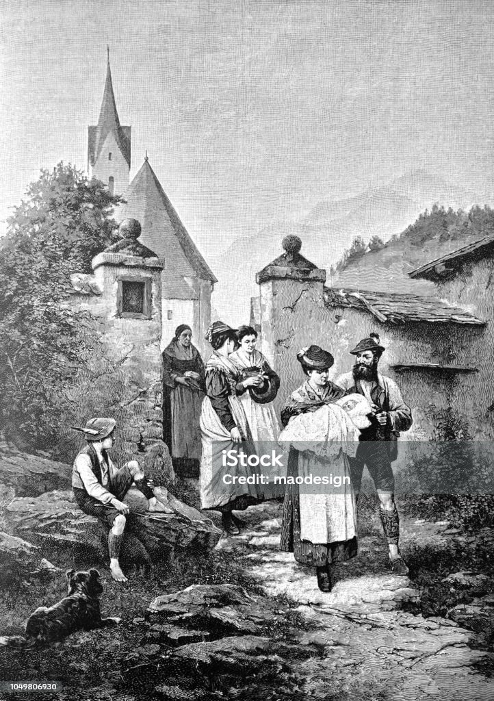 Family leaves the church after the child's christening - 1888 1880-1889 stock illustration