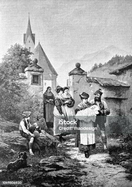 Family Leaves The Church After The Childs Christening 1888 Stock Illustration - Download Image Now