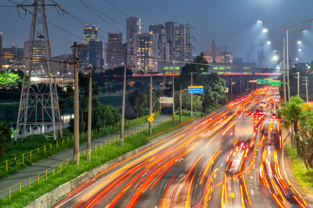 Rush Hour Photo of Sao Paulo City. Taken above an important expressway of the city. The name is Marginal Pinheiros. car city urban scene commuter stock pictures, royalty-free photos & images