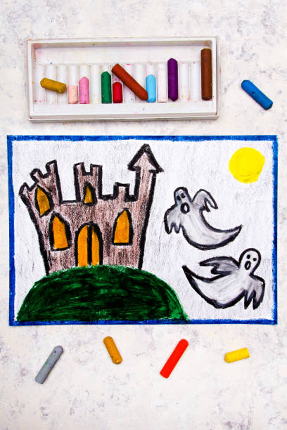 istock Colorful hand drawing: Old scary castle and two ghosts at night. Halloween drawing on white  background 1049816376