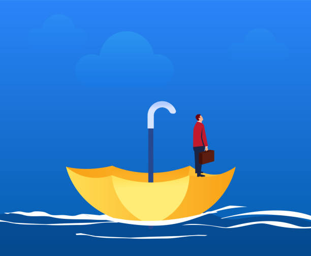 istock Businessman standing on umbrella wandering in the ocean 1049816612