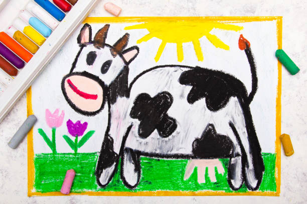 istock Colorful hand drawing: smiling cow in the pasture 1049819916