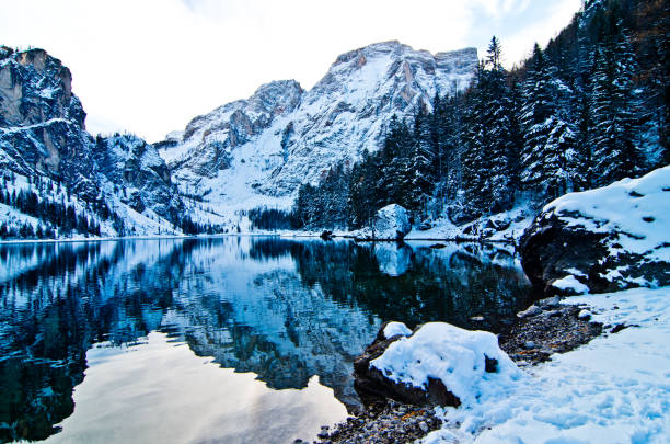 istock snowy mountain lake with mountains and blue sky 1049823616