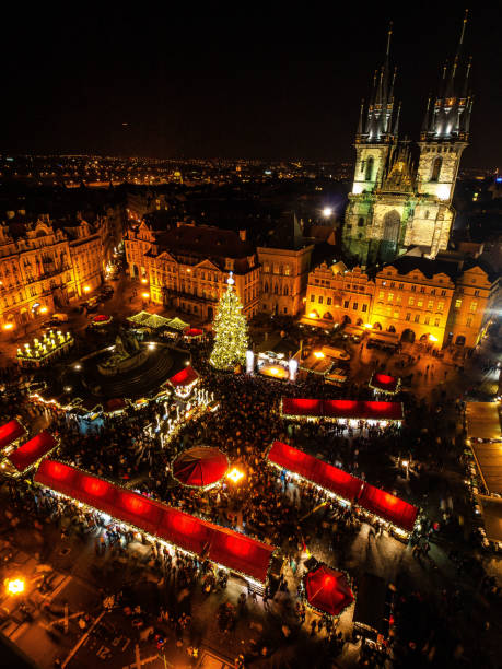 Christmas market in Prague View from the clock tower prague christmas market stock pictures, royalty-free photos & images