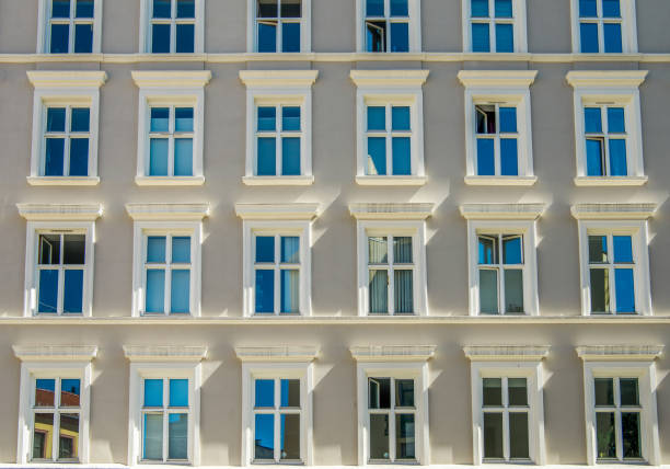 full frame view of beautiful grey house with white windows in oslo, norway
