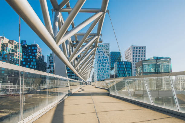 istock empty bridge and contemporary architecture at Barcode district, Oslo, Norway 1049844638