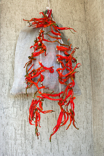 A round red chili pepper ristra hangs on a traditional wood door in Santa Fe, NM. (A ristra hung on a NM door is not only decorative but protects against evil spirits according to traditional beliefs).