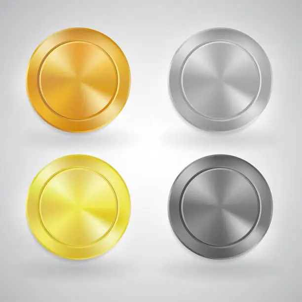 Vector illustration of Brushed golden, bronze, silver metal glowing light effect button set, gleaming icon design for applications, software, web-sites. Scratched elegant and modern luxurious surface isolated on white.