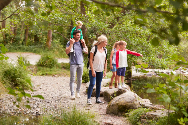 Family Hiking Along Path By River In UK Lake District