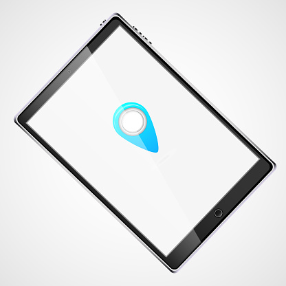 Large black realistic mobile smart touch-sensitive slim tablet computer turned on its side with blue label icon for gps with glossy screen isolated on white background. Vector illustration