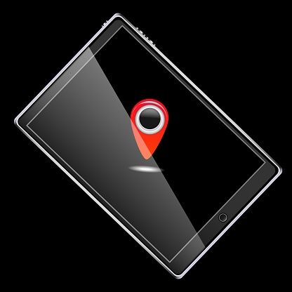 A large black realistic mobile smart touch-sensitive slim tablet computer turned on its side with a red label icon for gps with a glossy screen isolated on a black background. Vector illustration