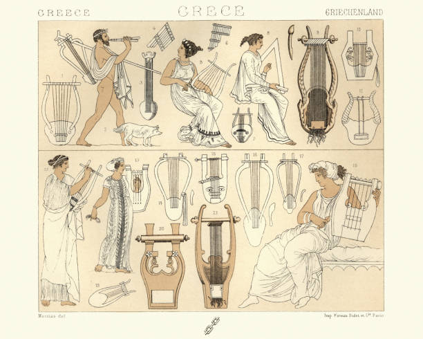 ilustraciones, imágenes clip art, dibujos animados e iconos de stock de antiguos músicos griegos y instruemts musical, lira, laúd, arpa - lyre